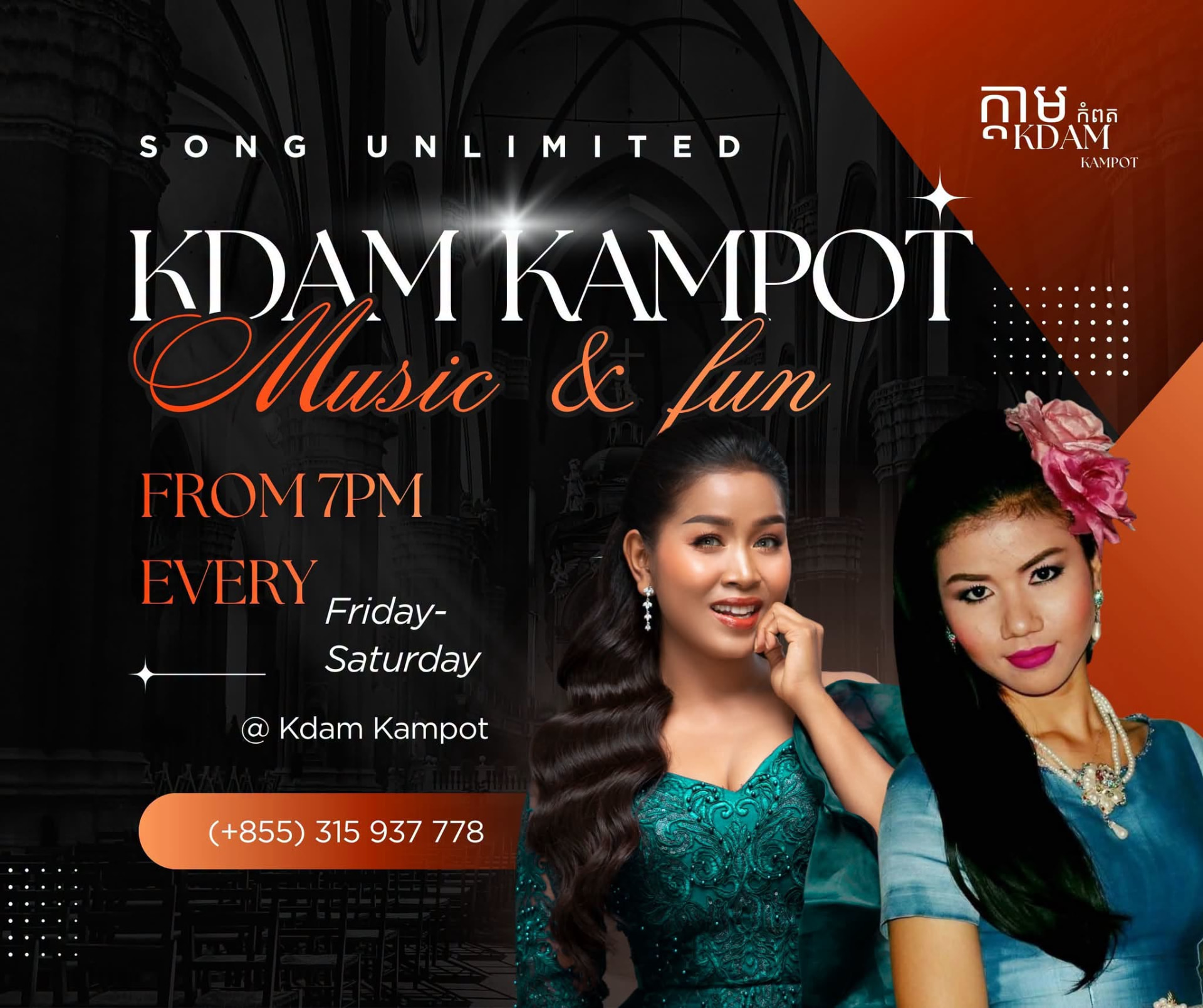 Kdam Kampot live music night poster with Khmer singers, Friday and Saturday from 7pm